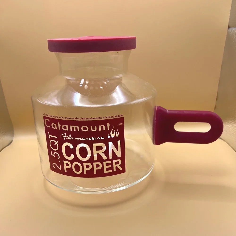 VTG Catamount Flameware 2.5 QT Glass Microwave PopCorn Popper Red Handle Lid